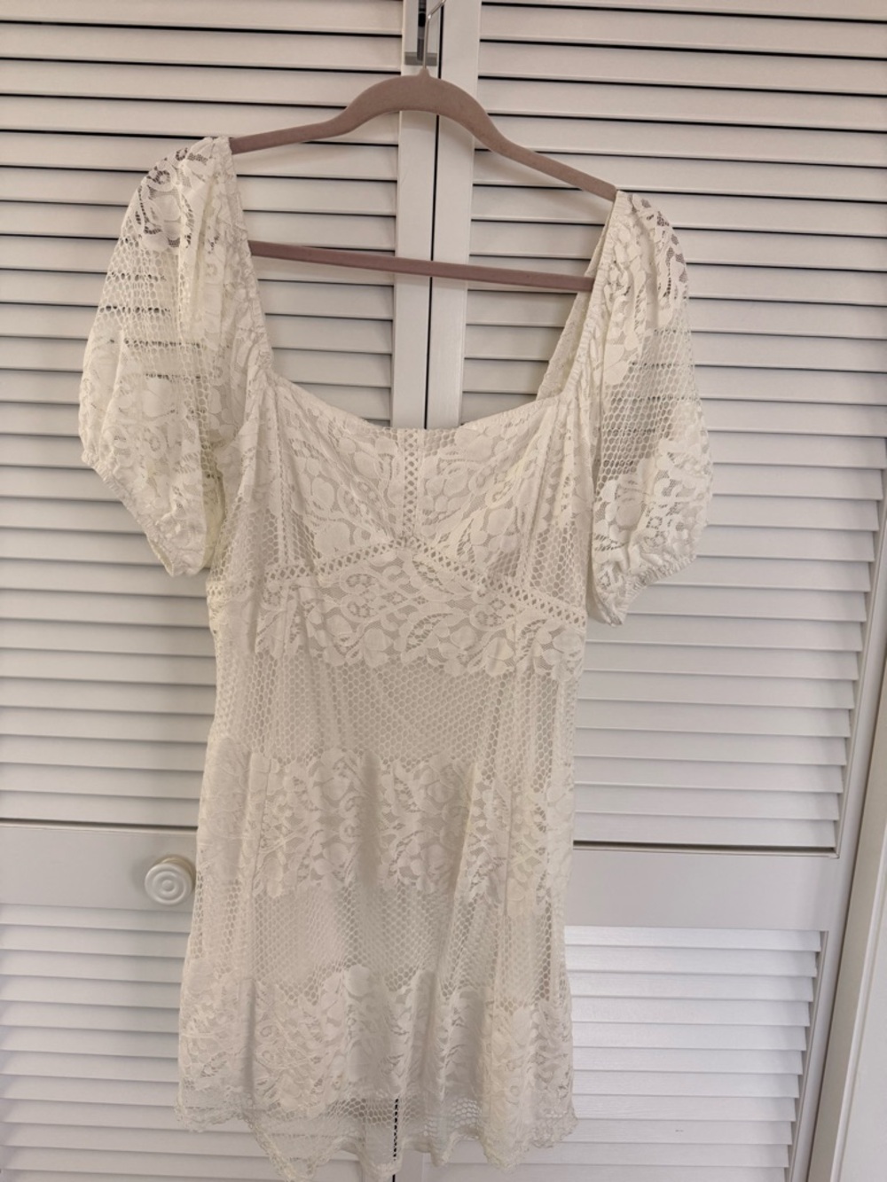 Free People White Lace Puff-Sleeve Mini Dress